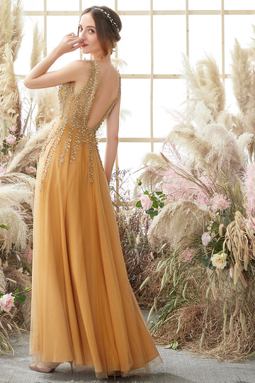 Deep V-neck Long Dress with Appliques